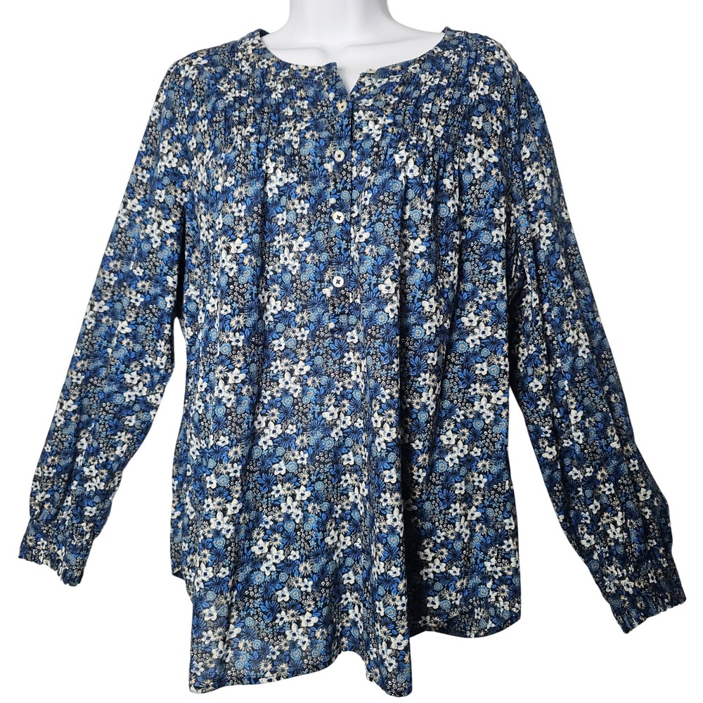 Talbots Floral Pintuck Blouse Womens L Blue 100% Cotton Boho Cottagecore Spring